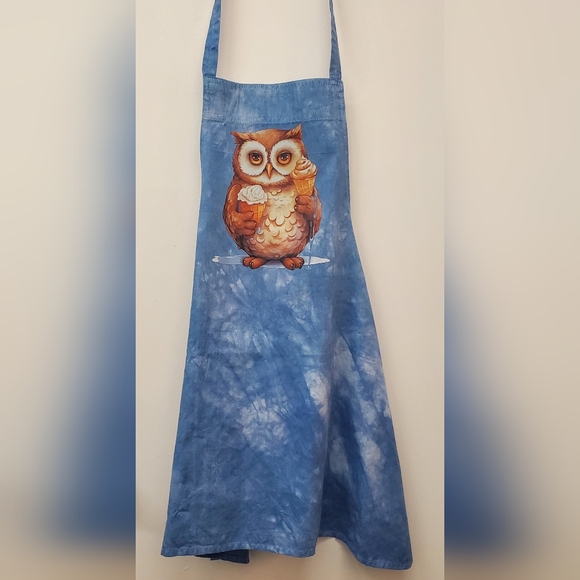 Custom Other - Kitchen Apron Cute Owl Ice Cream Tie-Dye Blue White Style Custom Hand-dyed